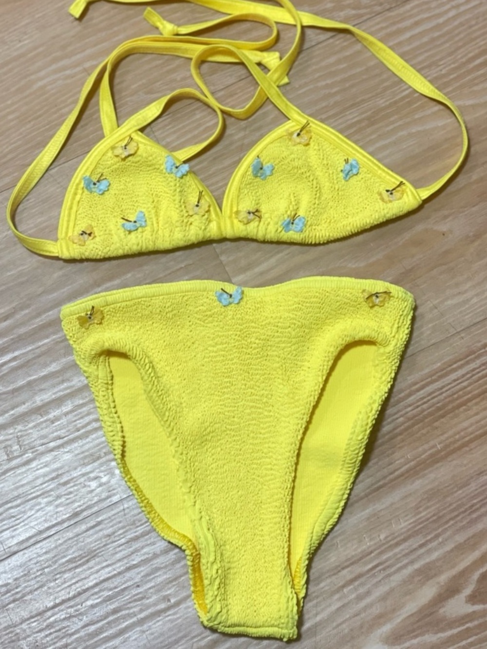 Hunza G Bright Yellow Girls' Swim Bikini with Blue Embroidery
